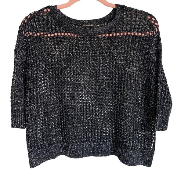 Express Boho Black Metallic Loose Knit Oversized 3/4 Sleeve Sweater Extra Small - Picture 1 of 8